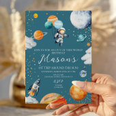 Invitation Blue Astronaut Balloon Planets 1st Trip Around