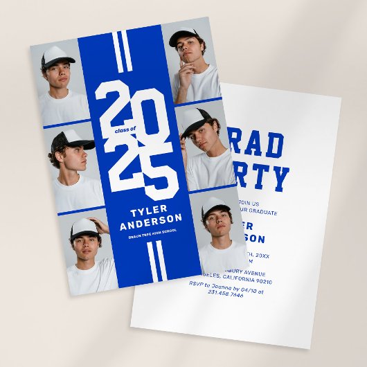 Invitation Blue Athletic Grad Photo Collage Graduation Party
