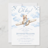 Invitation Blue Avion Teddy Bear Oh Boy Baby shower (Devant)