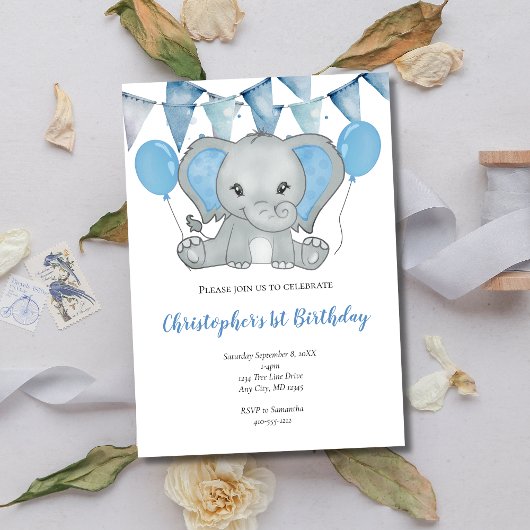 Invitation Blue Baby Boy Elephant Balloon 1er premier anniver