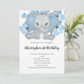 Invitation Blue Baby Boy Elephant Fleurs Ballons Anniversaire (Debout devant)