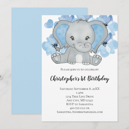 Invitation Blue Baby Boy Elephant Fleurs Ballons Anniversaire (Devant / Derrière)