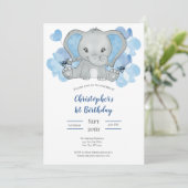 Invitation Blue Baby Boy Elephant Fleurs Ballons Anniversaire (Debout devant)