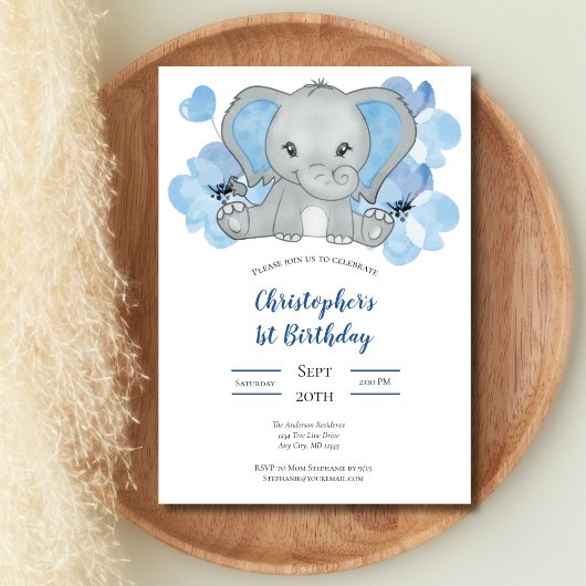Invitation Blue Baby Boy Elephant Fleurs Ballons Anniversaire