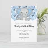 Invitation Blue Baby Boy Elephant Flowers Premier anniversair (Debout devant)
