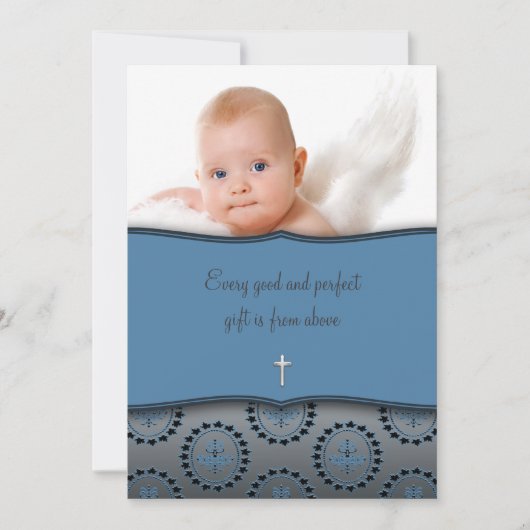 Invitation Blue Baby Boy Photo Christening (Devant)