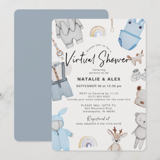 Invitation Blue Baby Clothes & Toys Garçon Baby shower virtue (Devant / Derrière)