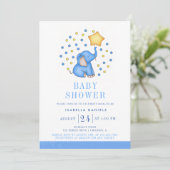 Invitation Blue Baby Elephant et Star Balloon Baby shower (Debout devant)