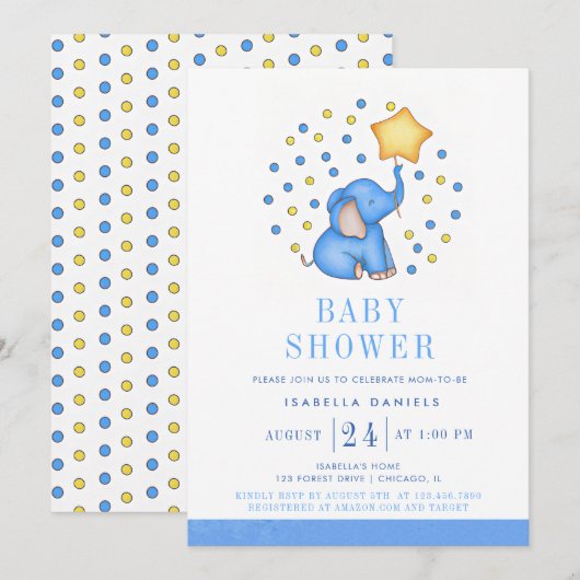 Invitation Blue Baby Elephant et Star Balloon Baby shower (Devant / Derrière)