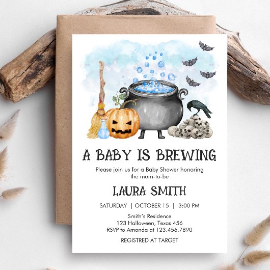 Invitation Blue Baby is Brewing Halloween Baby Shower