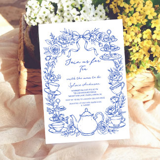 Invitation blue baby shower tea bow Hand Drawn coquette