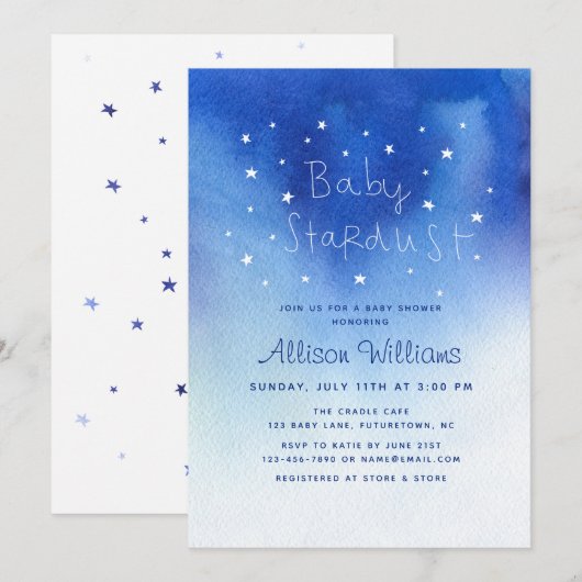 Invitation Blue Baby Stardust Sky Star Watercolor Baby shower (Devant / Derrière)