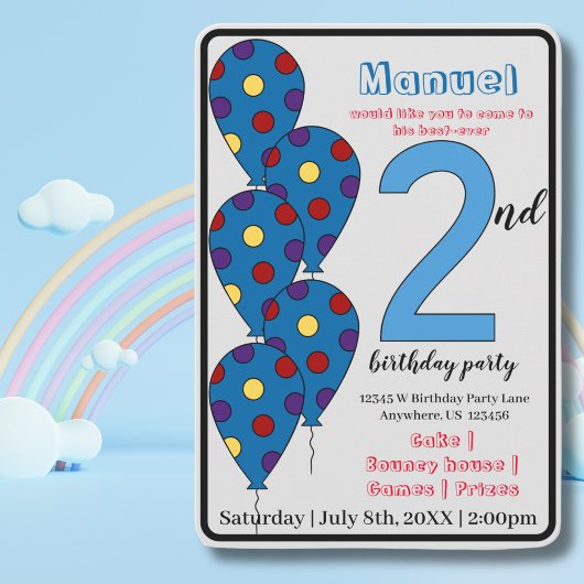 Invitation Blue Balloon 2e anniversaire fête enfants