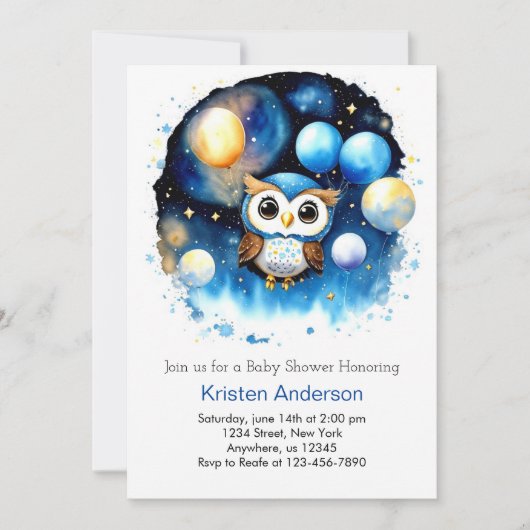 Invitation Blue Balloon Adventure Owl Baby shower garçon (Devant)