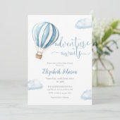 Invitation Blue Balloon Boy QR Code Baby shower photo (Debout devant)