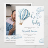 Invitation Blue Balloon Boy QR Code Baby shower photo (Devant / Derrière)