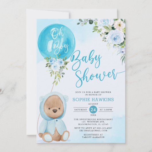 Invitation Blue Balloon Oh Boy Teddy ours baby shower (Devant)