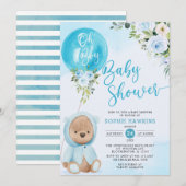 Invitation Blue Balloon Oh Boy Teddy ours baby shower (Devant / Derrière)