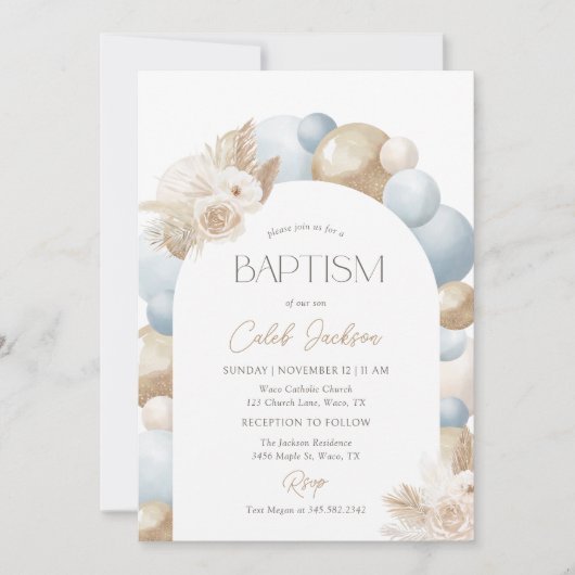 Invitation Blue Balloon Pampas Grass Boy Baptism (Devant)