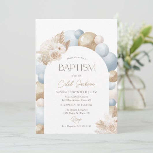 Invitation Blue Balloon Pampas Grass Boy Baptism (Debout devant)
