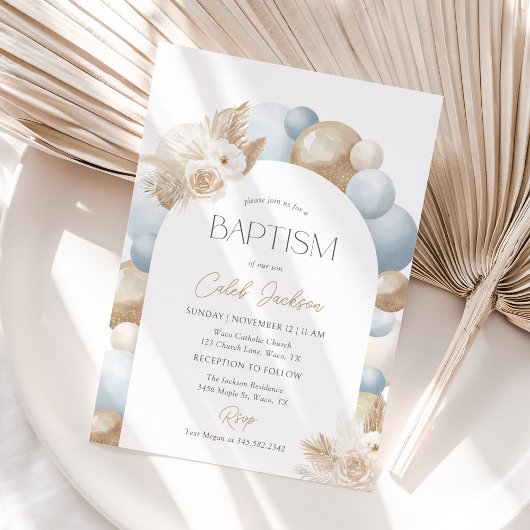 Invitation Blue Balloon Pampas Grass Boy Baptism