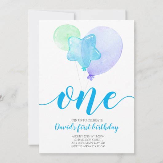 Invitation Blue Balloons Boy Premier Anniversaire Un Premier  (Devant)
