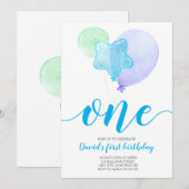 Invitation Blue Balloons Boy Premier Anniversaire Un Premier  (Devant / Derrière)