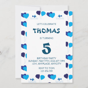 Invitation Blue Balloons Coeurs Boy Anniversaire de enfant Pa