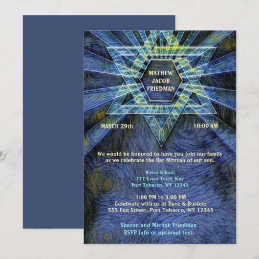 Invitation Blue Bar Mitzvah (Devant / Derrière)