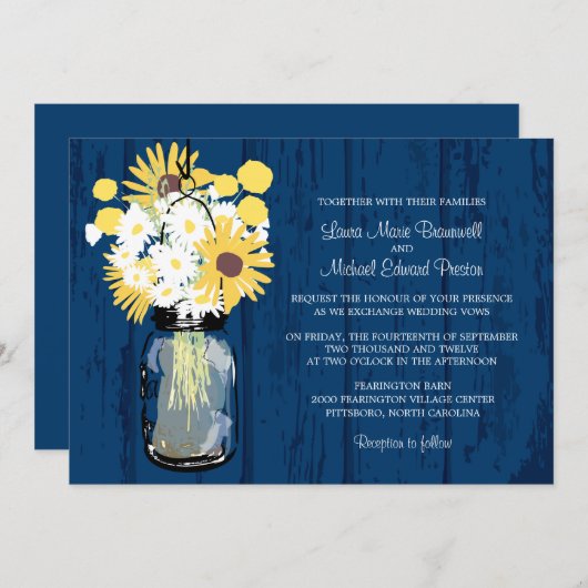 Invitation Blue Barn Mason Jar Daisies Mariage de tournesols (Devant / Derrière)