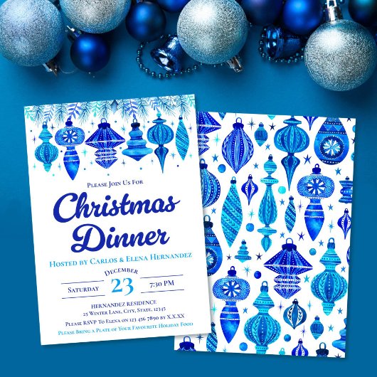 Invitation Blue Baubles Noël Diner Aquarelle