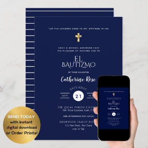 Invitation Blue Bautizo Bautismo Floral Laves Croix catholiqu