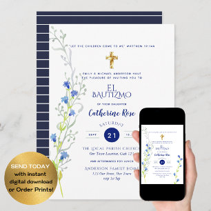 Invitation Blue Bautizo Bautismo Floral Laves Croix catholiqu