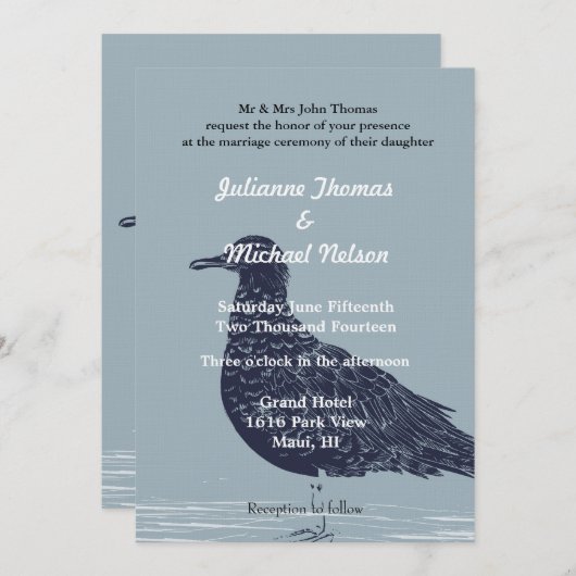 Invitation Blue Beach Bird Mariage (Devant / Derrière)