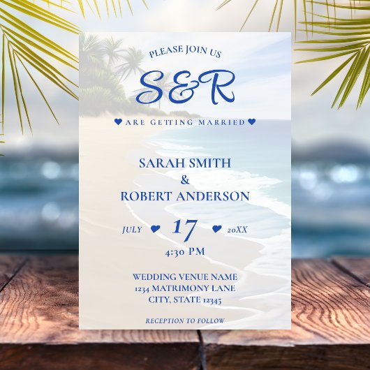 Invitation Blue Beach Island Palm Tree Destination Mariage