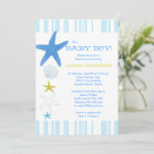 Invitation Blue Beach Starfish Striped Baby Baby shower (Debout devant)