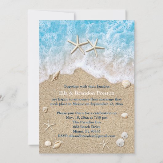 Invitation Blue Beach Waves & Starfish Post Mariage (Devant)