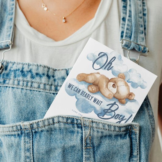 Invitation Blue Bear Baby shower Garçon Aquarelle Teddy Cloud