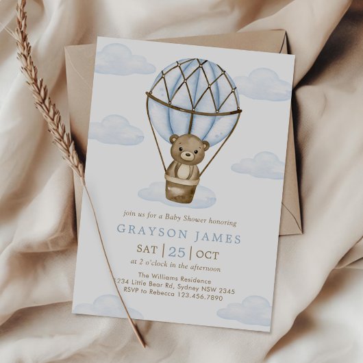 Invitation Blue Bear Hot Air Balloon Baby Boy Douche