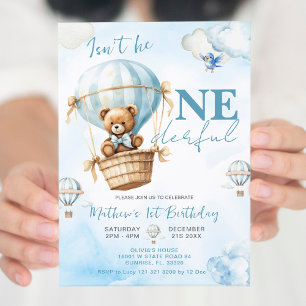 Invitation Blue Bear Hot Air Balloon Boys 1er anniversaire