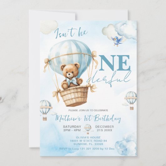 Invitation Blue Bear Hot Air Balloon Boys 1er anniversaire (Devant)
