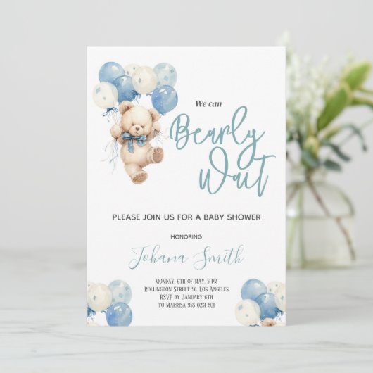 Invitation Blue Bear Nous pouvons Bearly wait Baby shower (Debout devant)