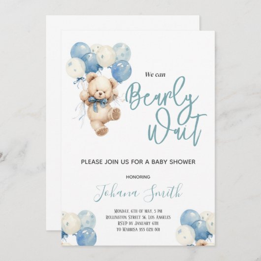 Invitation Blue Bear Nous pouvons Bearly wait Baby shower (Devant / Derrière)