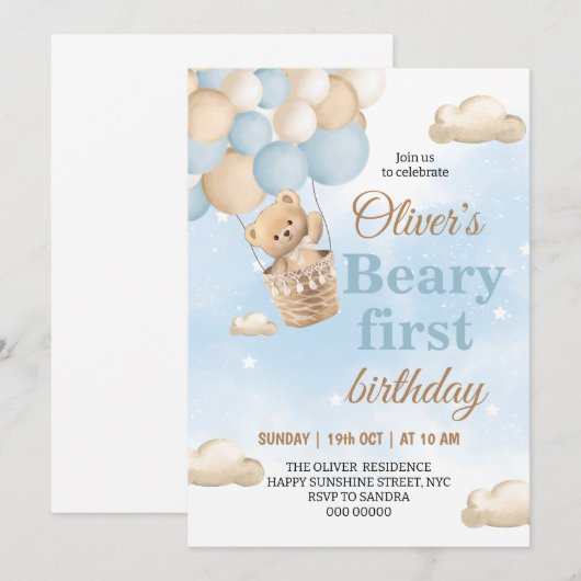 Invitation Blue Beary First Birthday (Devant / Derrière)