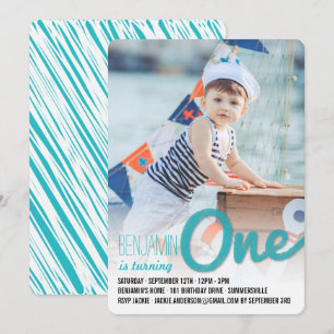 Invitation Blue Big Sketch One Baby Boy First Birthday Party