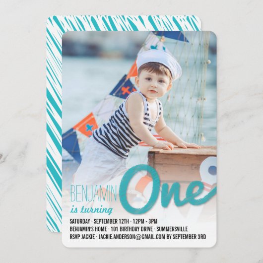 Invitation Blue Big Sketch One Baby Boy First Birthday Party (Devant / Derrière)