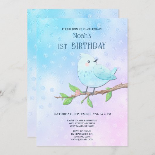 Invitation Blue Bird 1er anniversaire (Devant / Derrière)