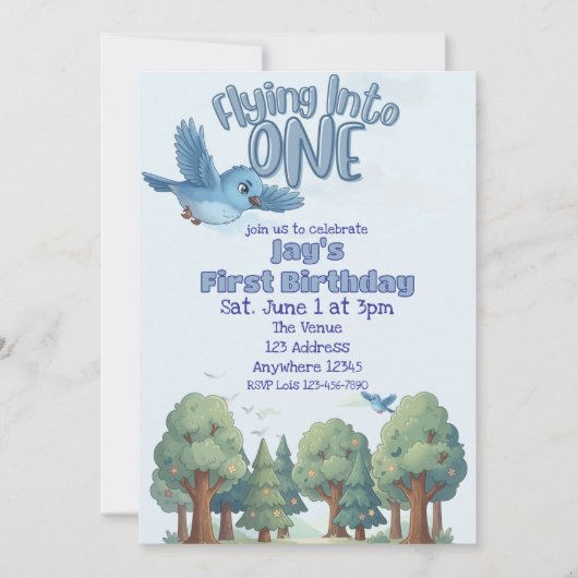 Invitation Blue Bird Flying into One, 1st Birthday (Devant)