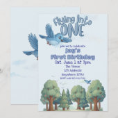 Invitation Blue Bird Flying into One, 1st Birthday (Devant / Derrière)