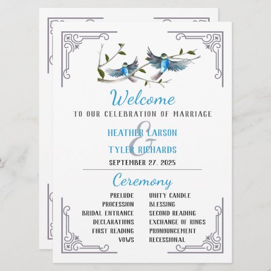 Invitation Blue Bird of Happiness Wedding Program (Devant / Derrière)